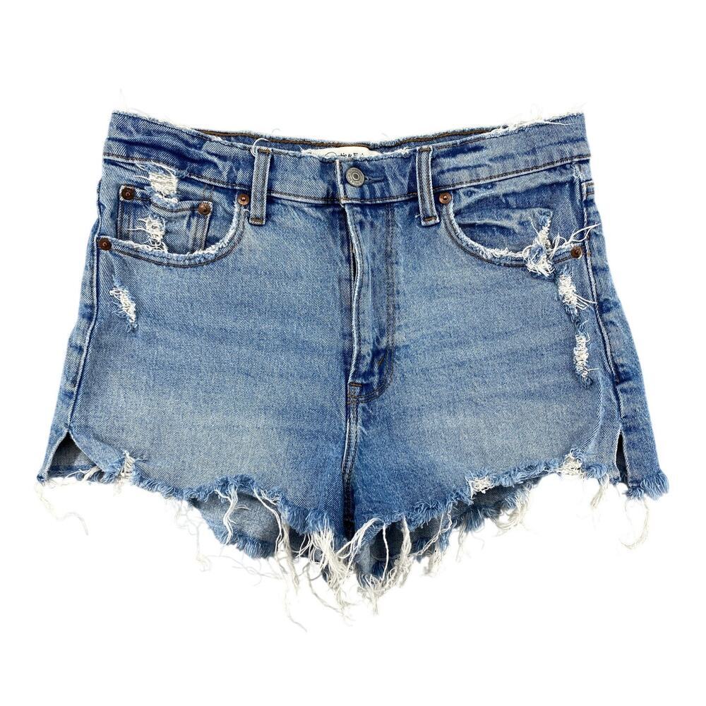 Abercrombie & Fitch High Rise Mom Shorts Distressed Frayed Denim Size 28